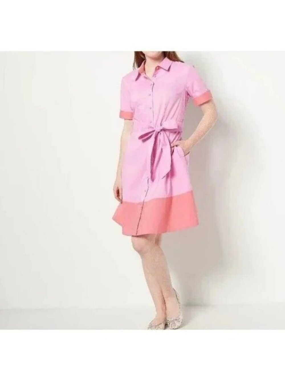 Isaac Mizrahi Live Dress Plus Petite Size 26 Color Block Poplin Classic Pink NEW